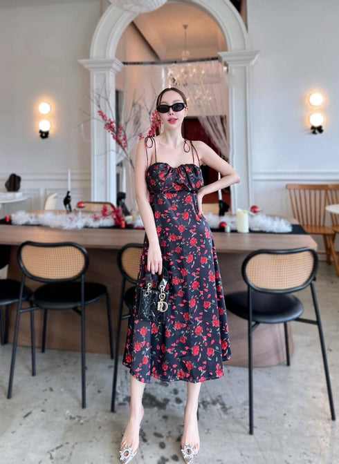 SIRINNN Floral Spaghetti Strip Padded Long Dress